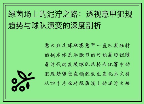 绿茵场上的泥泞之路：透视意甲犯规趋势与球队演变的深度剖析